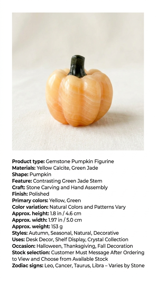 Yellow Calcite Pumpkin with Green Jade Stem – Hand-Assembled Fall Gemstone Decor