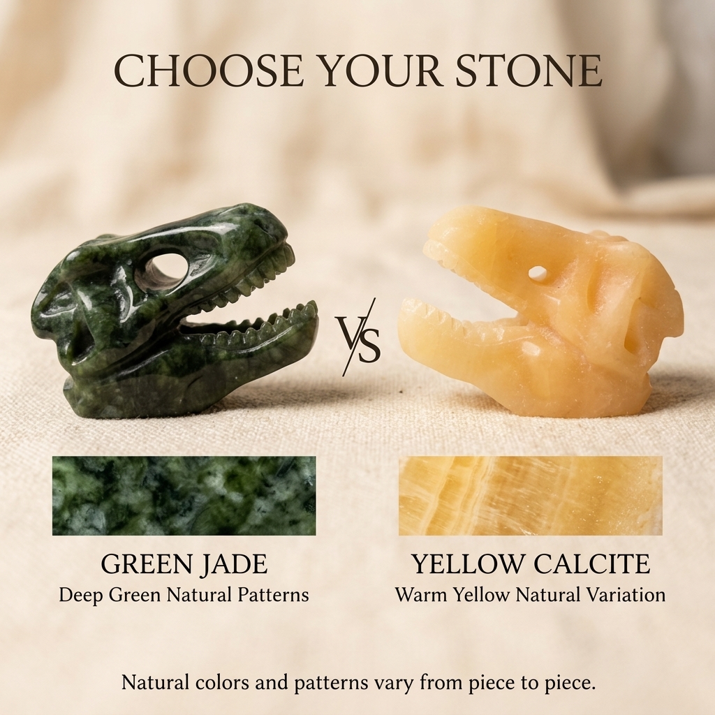 Gemstone Dinosaur Skull Figurine – Green Jade or Yellow Calcite Machine-Carved Decor