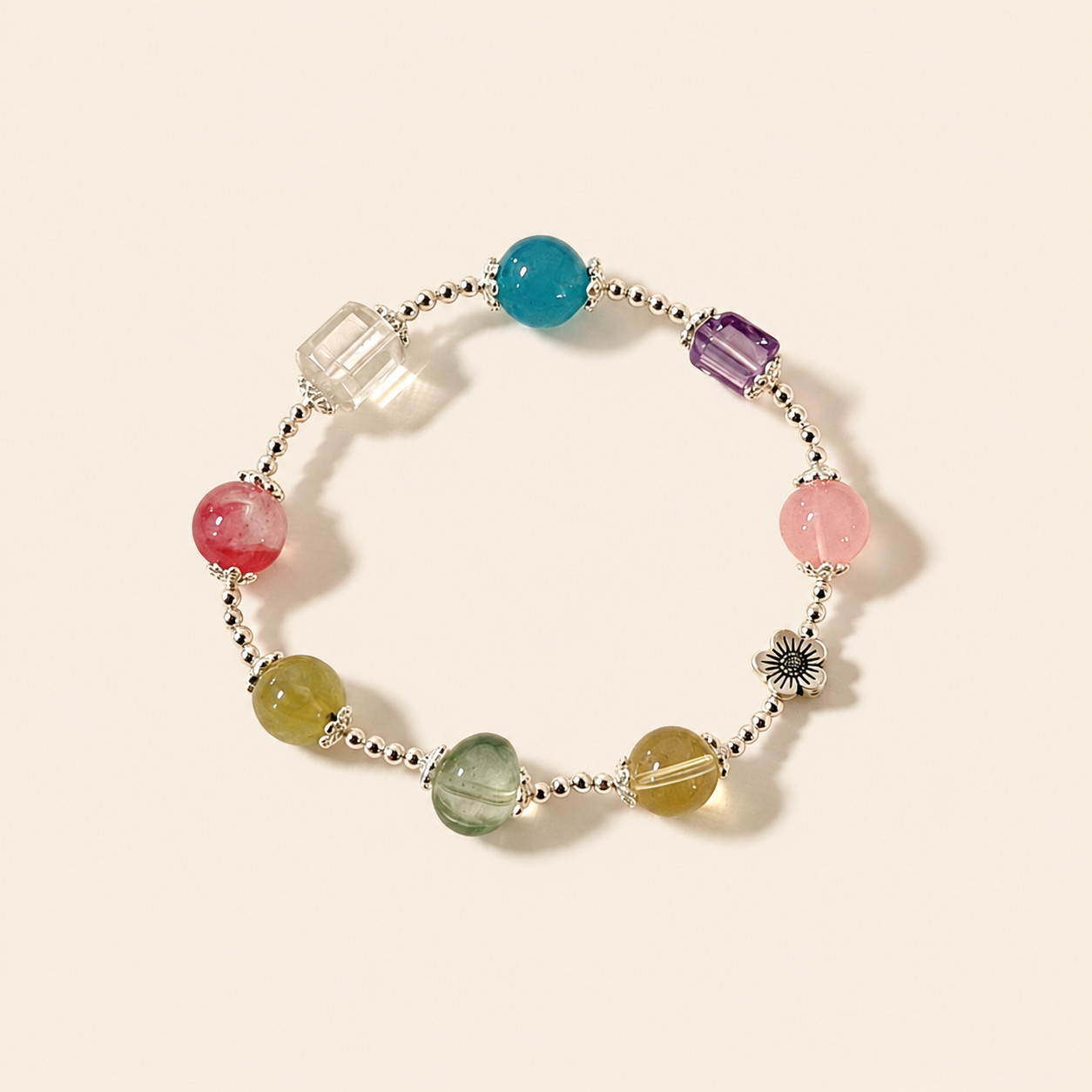 Multi Crystal Beaded Bracelet, Amazonite &Rose Quartz &Citrine &Green Quartz &Green Mica & Amethyst &Clear Quartz Cherry Blossom Gemstone Bracelet