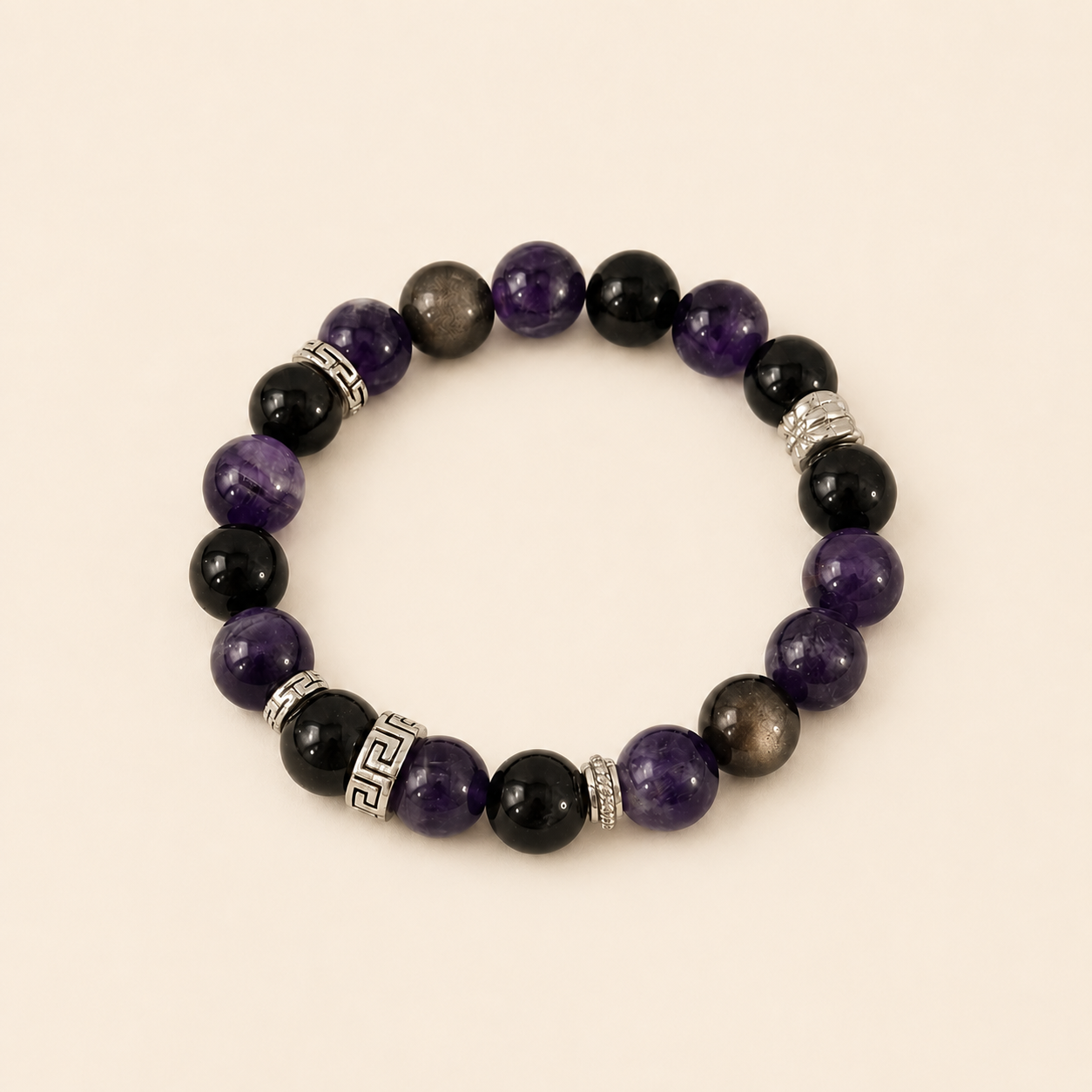 Twilight Silvershine Bracelet  / Amethyst &Silver ObsidianCrystal Bracelet