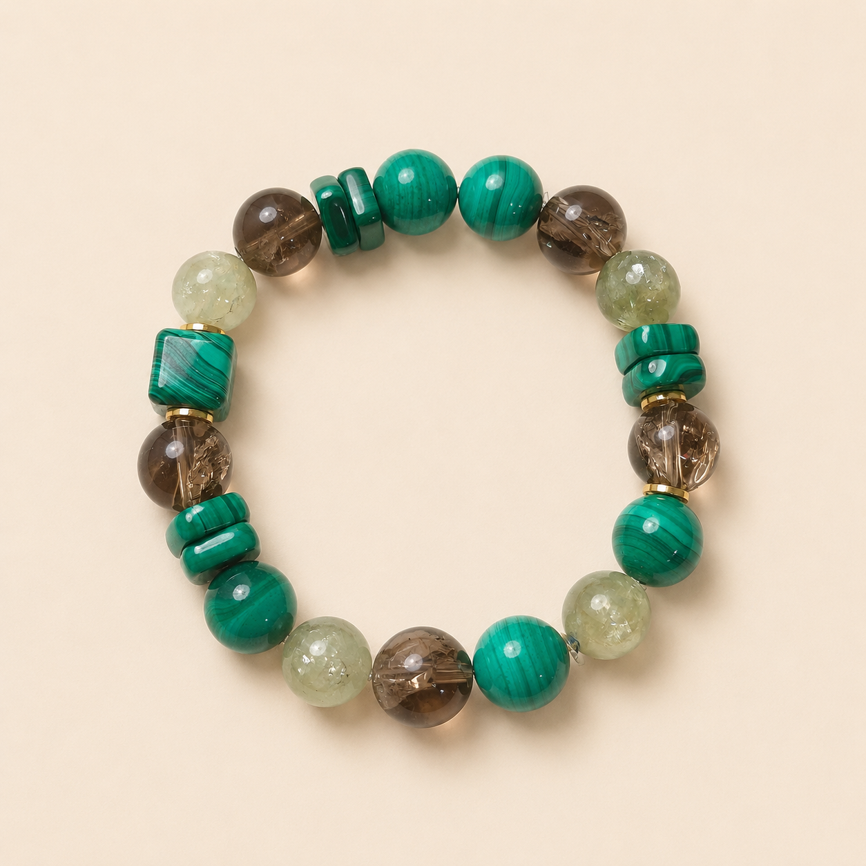 Matcha Truffle Malachite, Smoky Quartz & Emerald Bracelet
