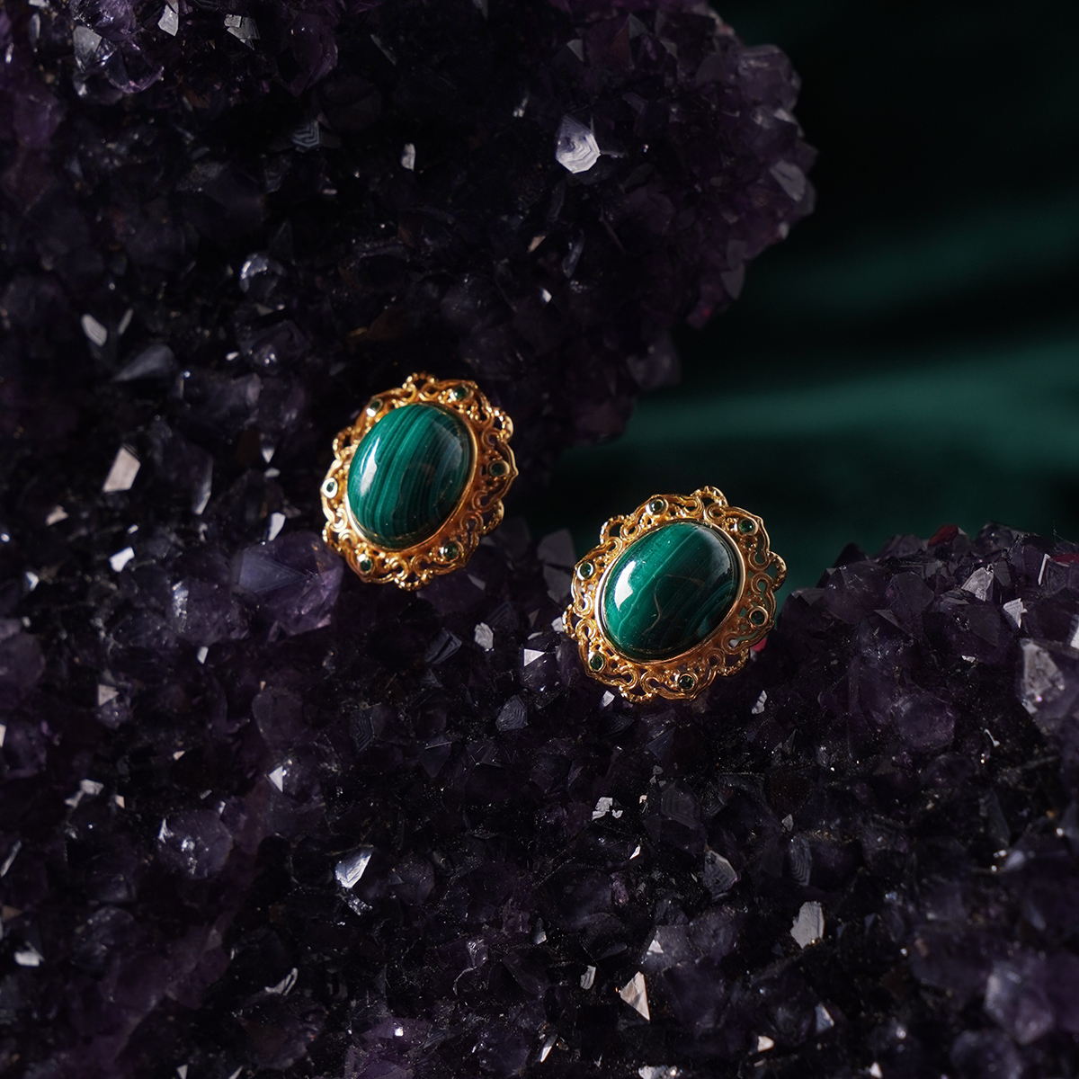 Oval Malachite Stud Earrings Crystal Healing for Positive Change, Opportunity, Protection, Love