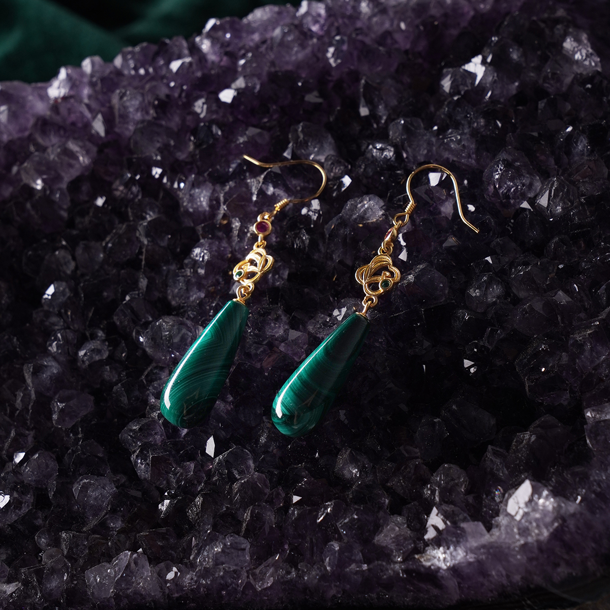 Long Water Drop Malachite Hook Earrings Crystal Healing for Positive Change, Opportunity, Protection, Love