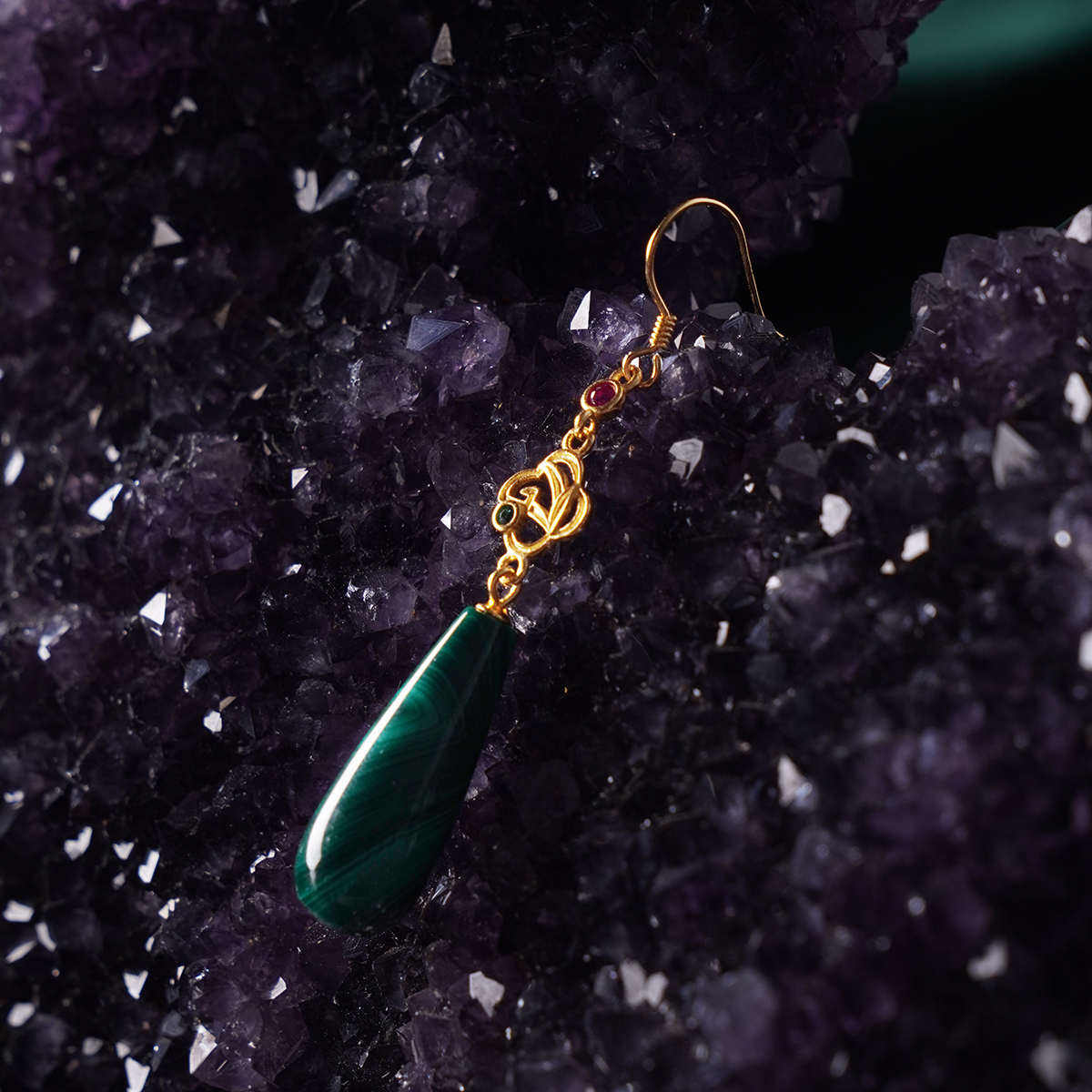 Long Water Drop Malachite Hook Earrings Crystal Healing for Positive Change, Opportunity, Protection, Love