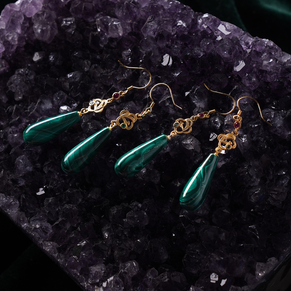 Long Water Drop Malachite Hook Earrings Crystal Healing for Positive Change, Opportunity, Protection, Love