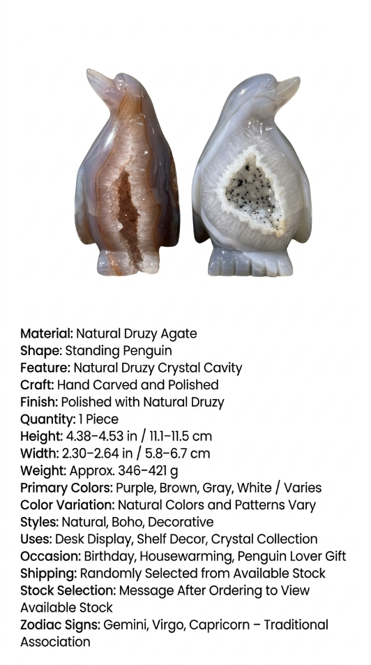 Natural Druzy Agate Penguin – Hand-Carved Crystal Animal Figurine