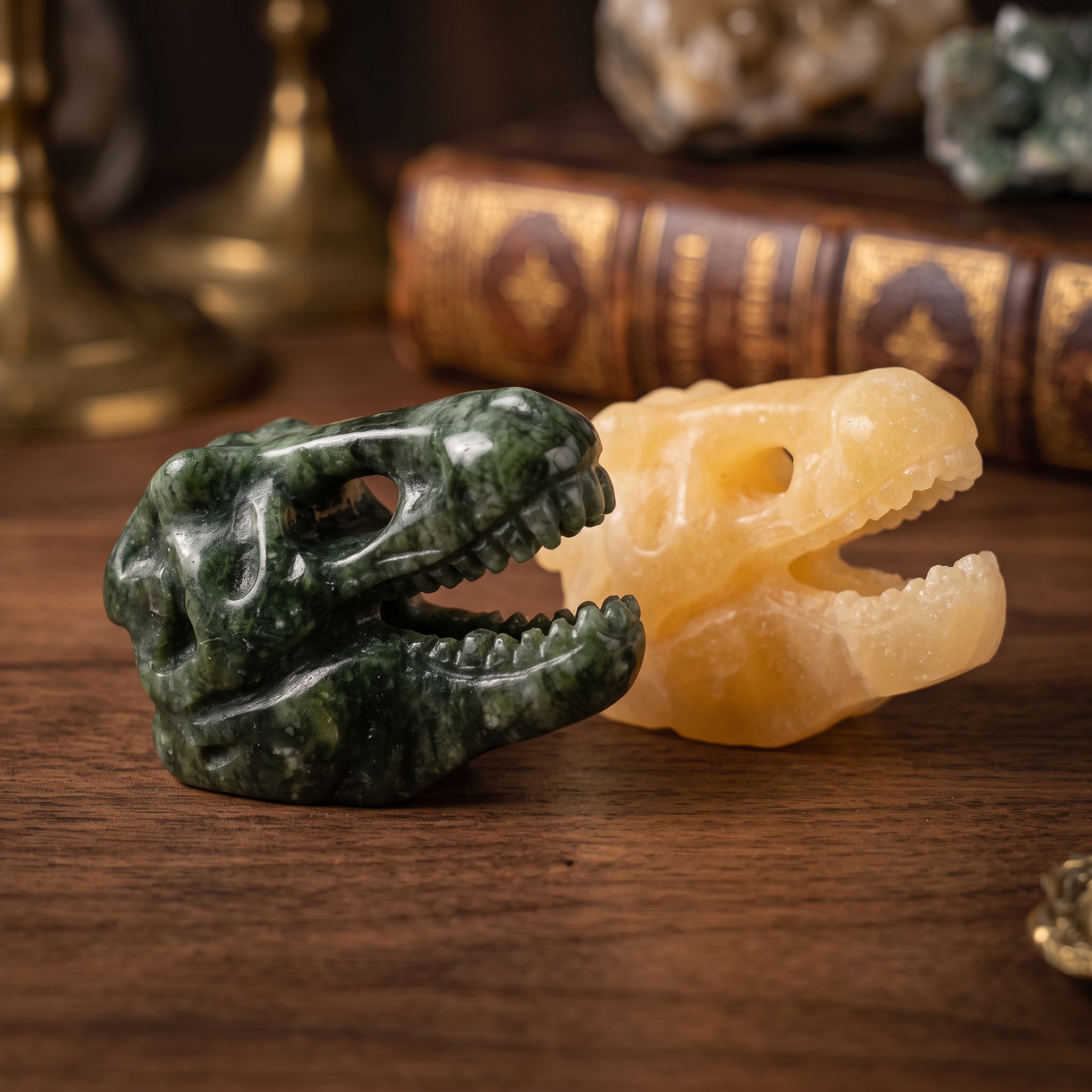 Gemstone Dinosaur Skull Figurine – Green Jade or Yellow Calcite Machine-Carved Decor