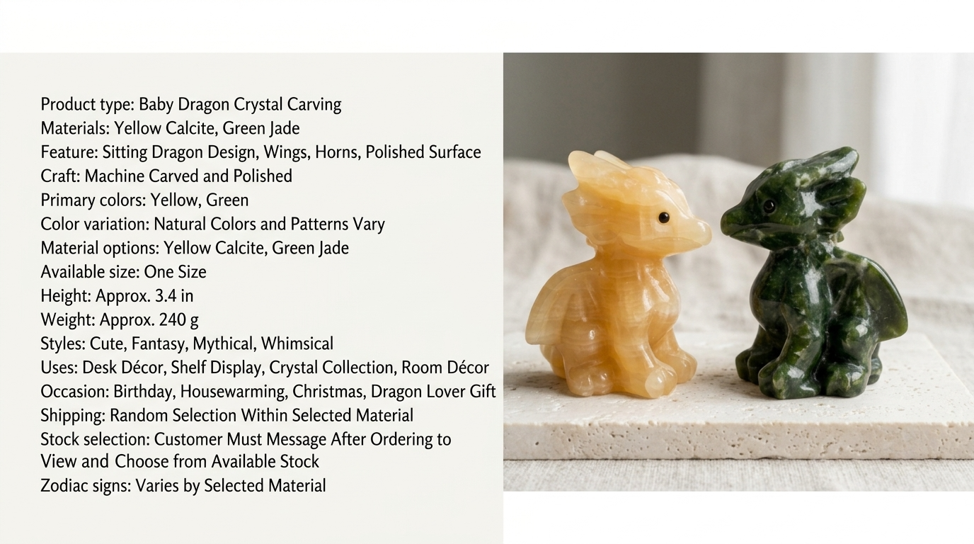 Yellow Calcite or Green Jade Baby Dragon – Machine-Carved Crystal Figurine & Fantasy Decor