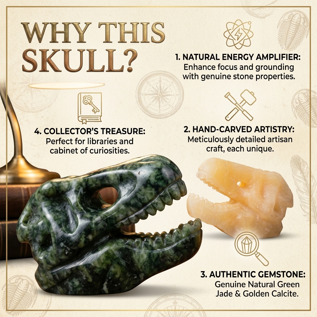 Gemstone Dinosaur Skull Figurine – Green Jade or Yellow Calcite Machine-Carved Decor