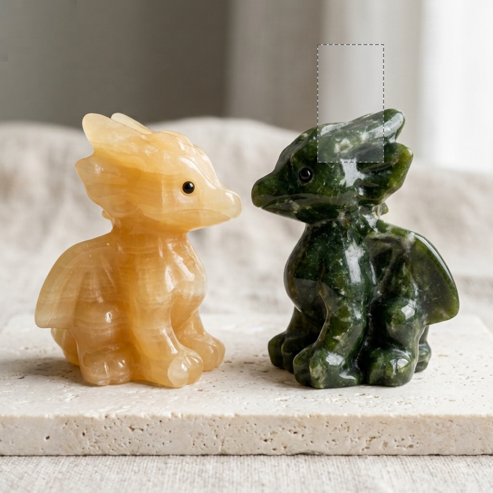 Yellow Calcite or Green Jade Baby Dragon – Machine-Carved Crystal Figurine & Fantasy Decor