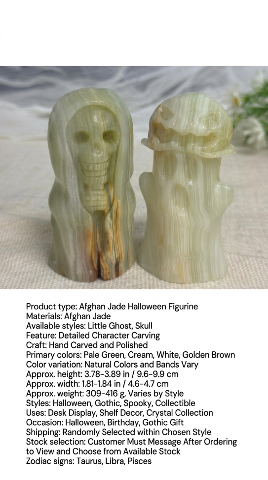 Hand-Carved Afghan Jade Little Ghost & Skull Figurines – Halloween Crystal Decor