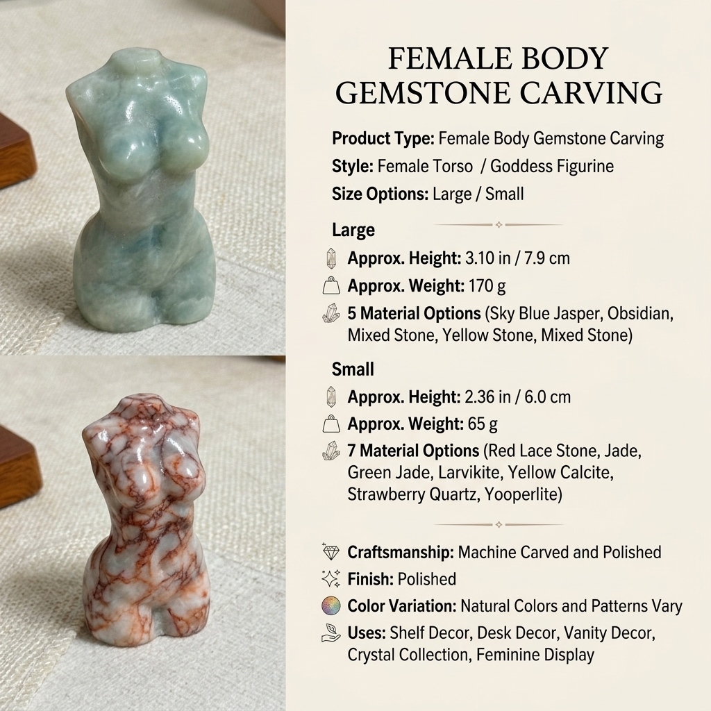 Gemstone Female Body Figurine – Large or Small Machine-Carved Goddess Torso Decor