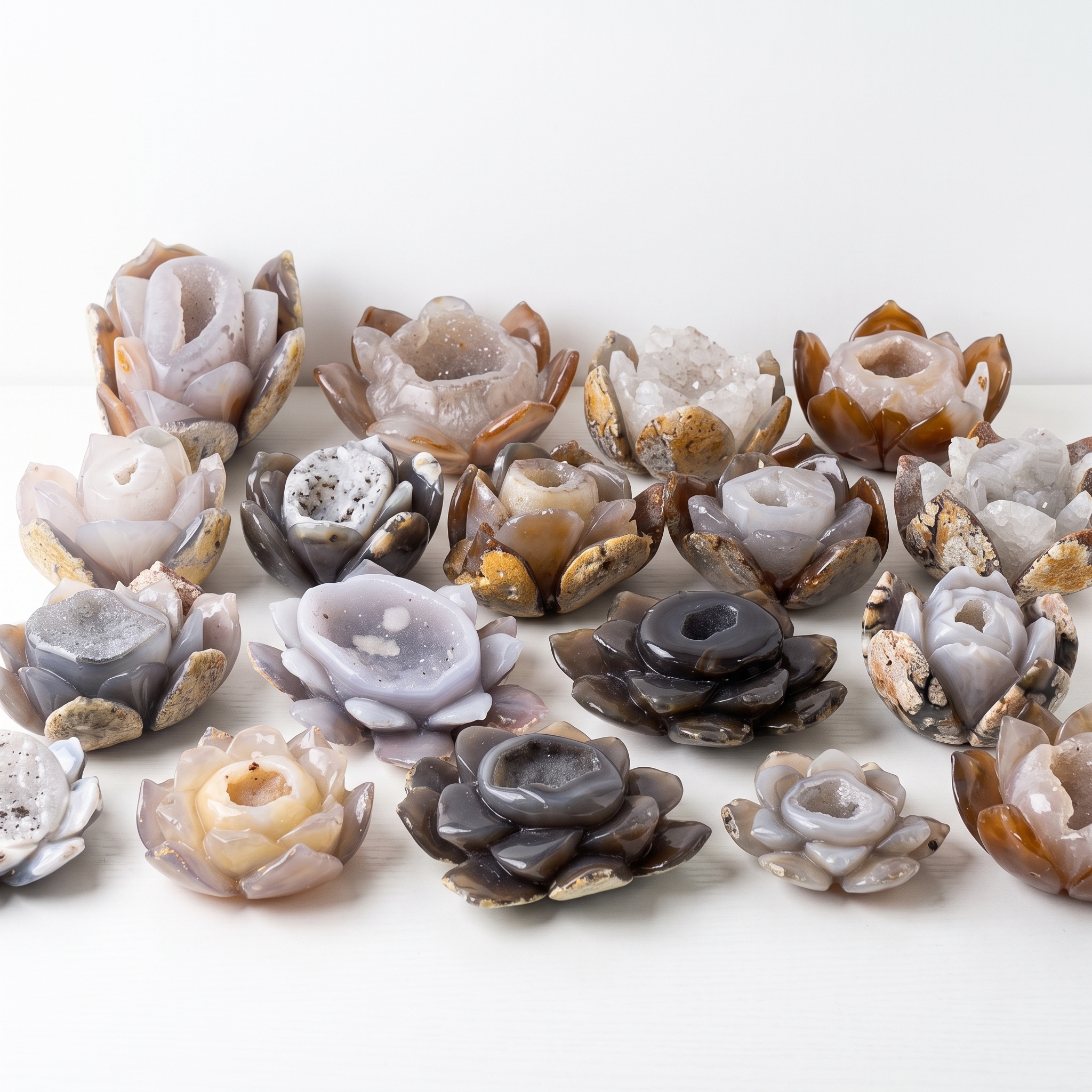Natural Geode Agate Lotus Flower – Hand-Carved Druzy Crystal Decor & Spiritual Gift