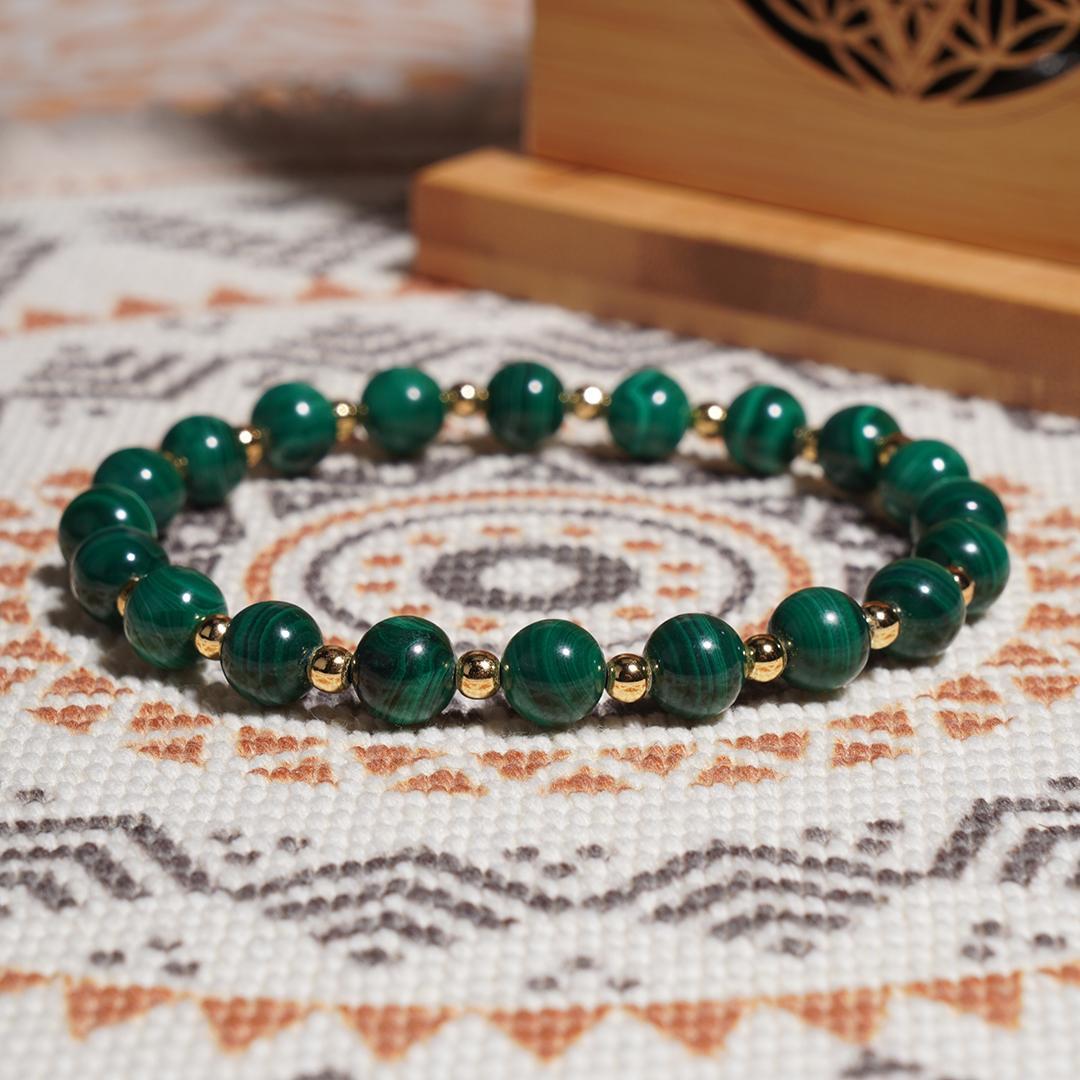 Malachite and Copper Crystal Stretch Bracelet Round Semi-Precious Bracelet Healing Crystal Energy Souvenir Bracelet-Protection Confidence Love