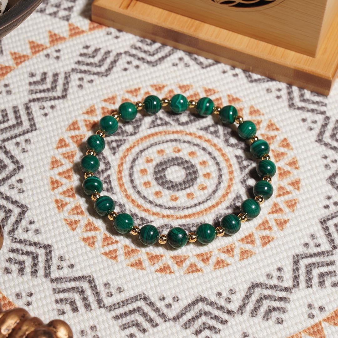 Malachite and Copper Crystal Stretch Bracelet Round Semi-Precious Bracelet Healing Crystal Energy Souvenir Bracelet-Protection Confidence Love