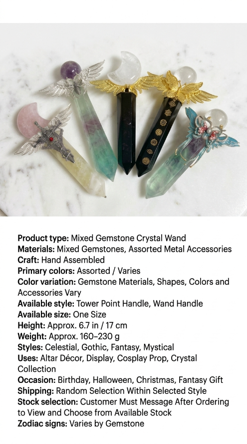 Mixed Gemstone Crystal Wand – Hand-Assembled Tower Point or Wand Handle Scepter