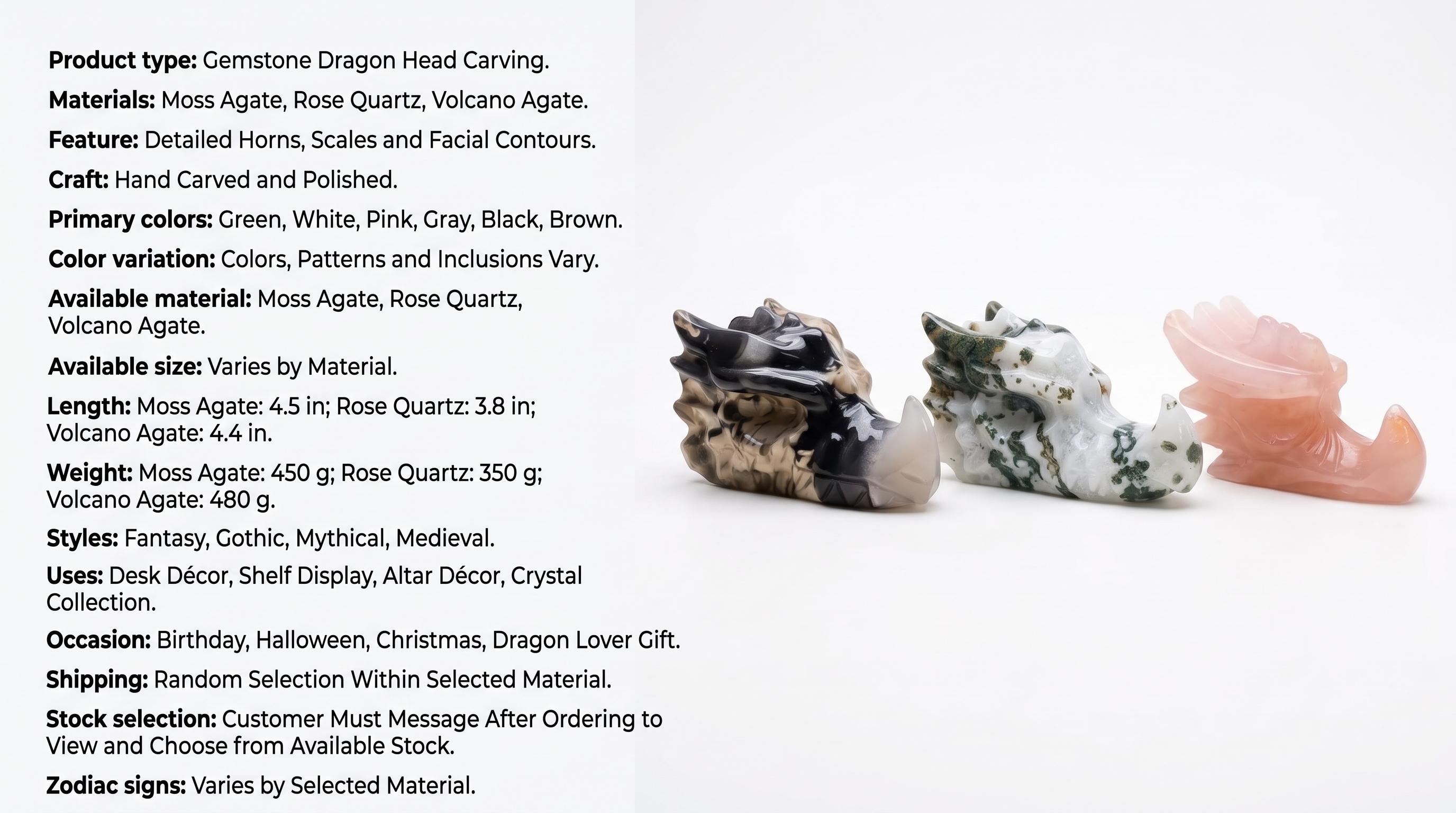 Hand-Carved Gemstone Dragon Head – Moss Agate, Rose Quartz or Volcano Agate Fantasy Decor