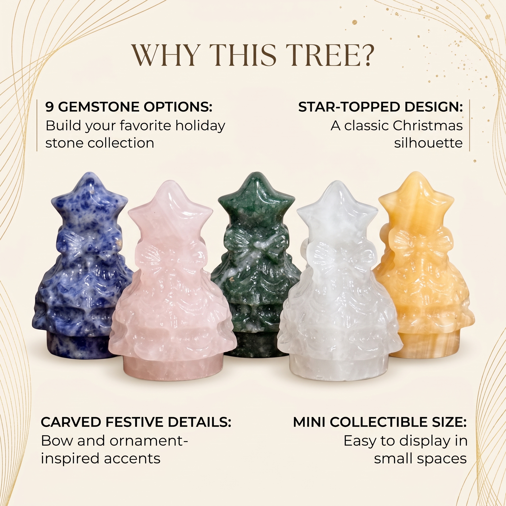 Gemstone Christmas Tree Figurine – 9 Machine-Carved Stone Options-2.2inch