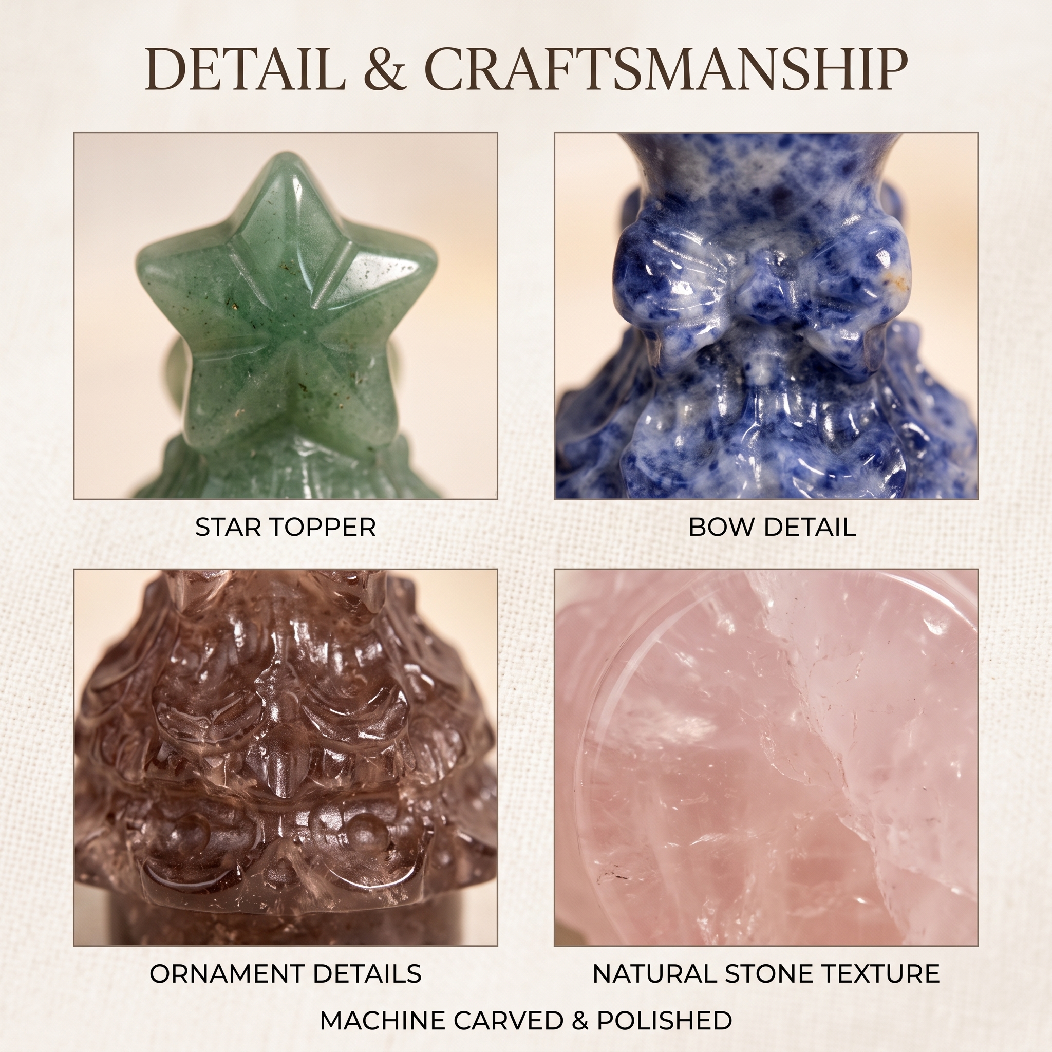 Gemstone Christmas Tree Figurine – 9 Machine-Carved Stone Options-2.2inch