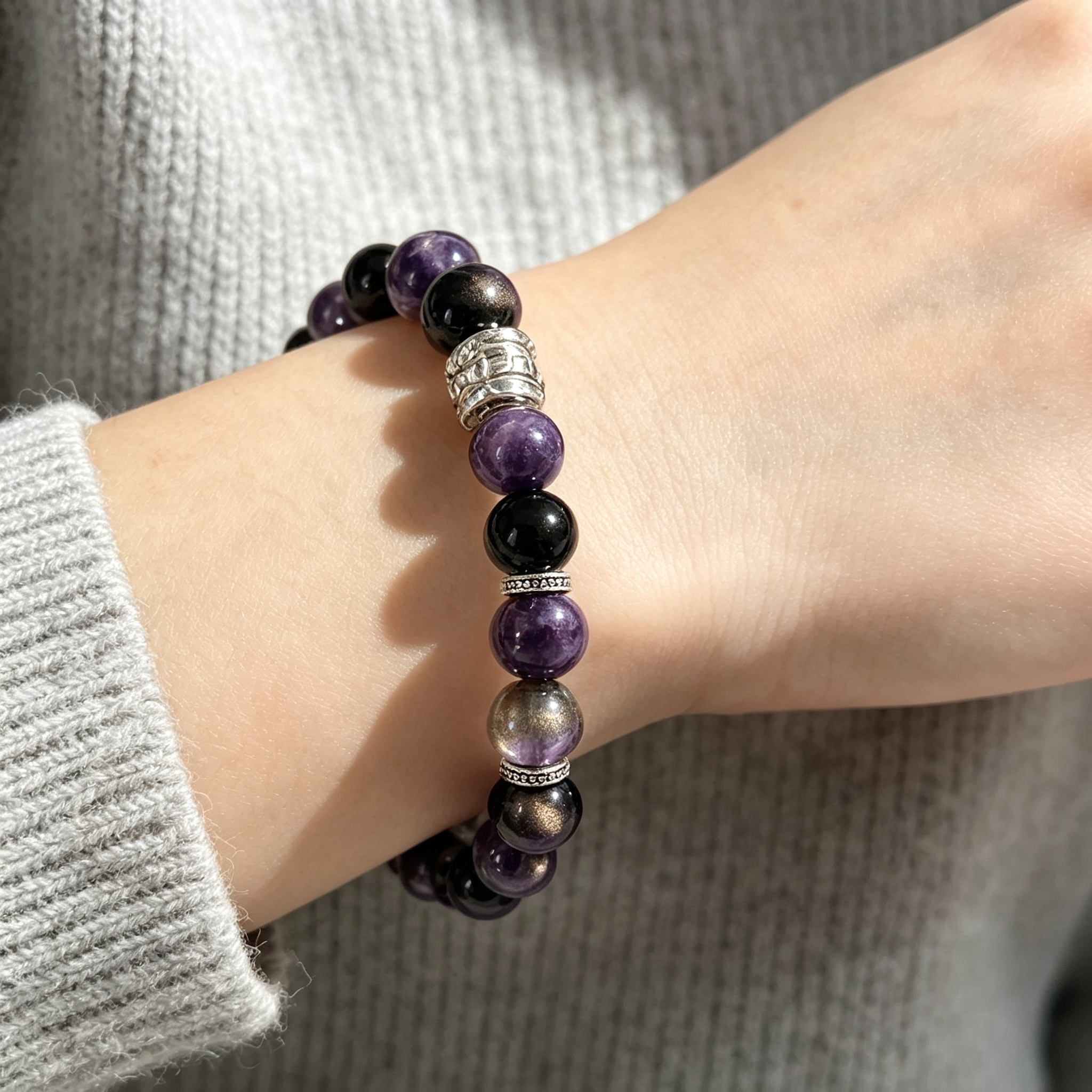 Twilight Silvershine Bracelet  / Amethyst &Silver ObsidianCrystal Bracelet