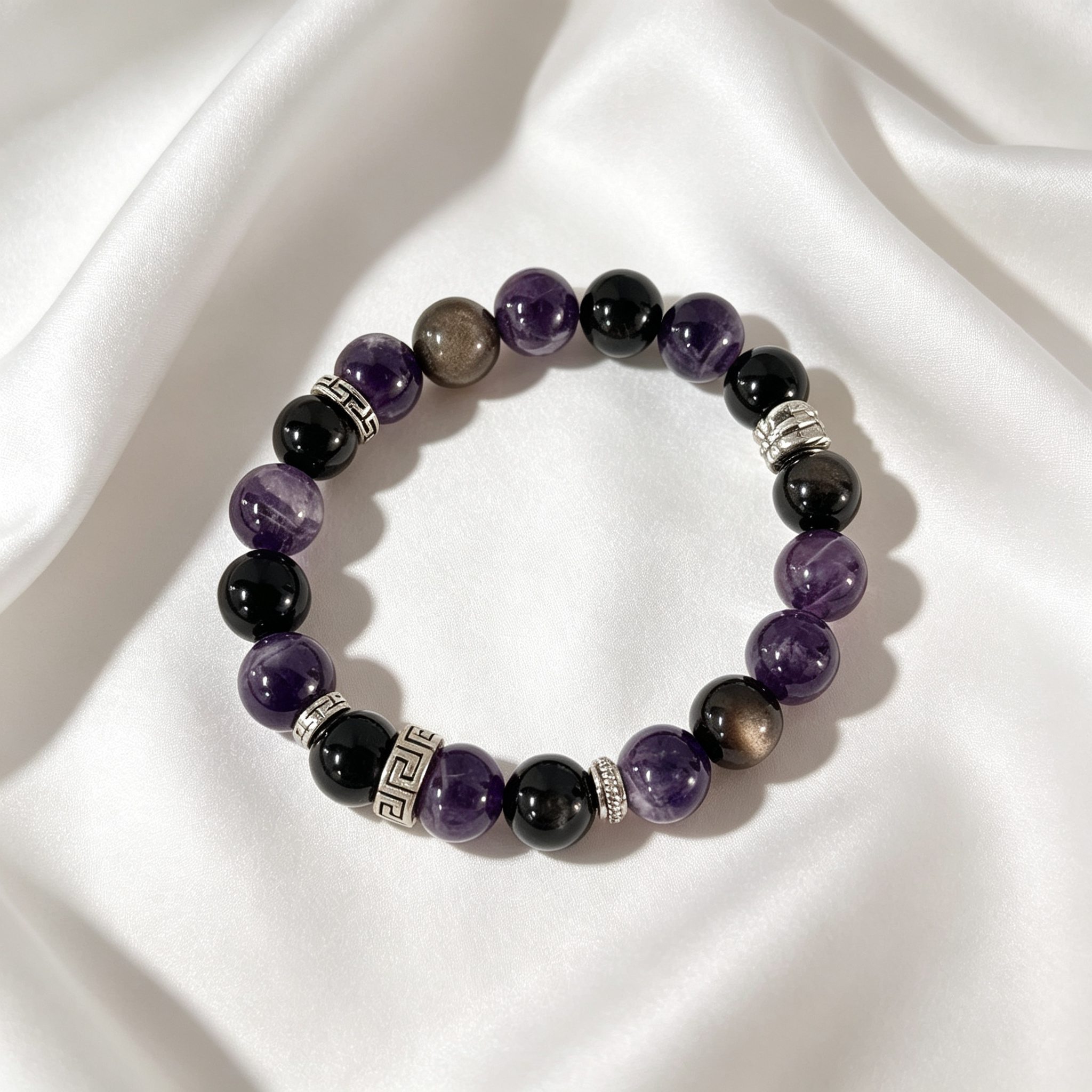 Twilight Silvershine Bracelet  / Amethyst &Silver ObsidianCrystal Bracelet