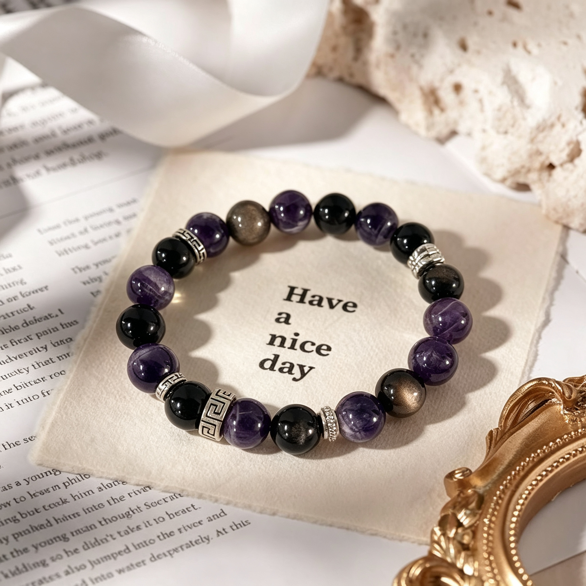 Twilight Silvershine Bracelet  / Amethyst &Silver ObsidianCrystal Bracelet