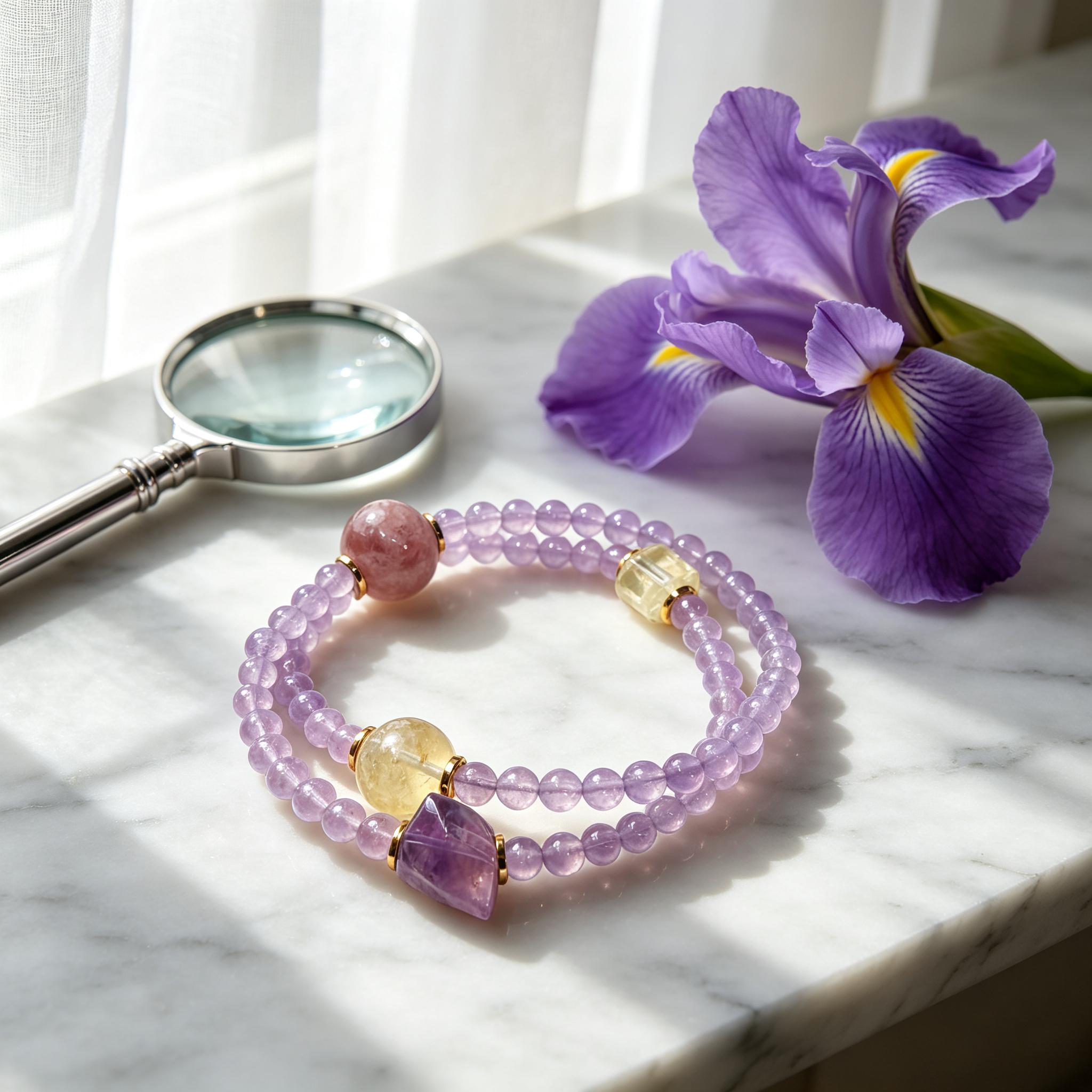 Lavender Orbit Amethyst, Rose Quartz & Citrine Wrap Bracelet