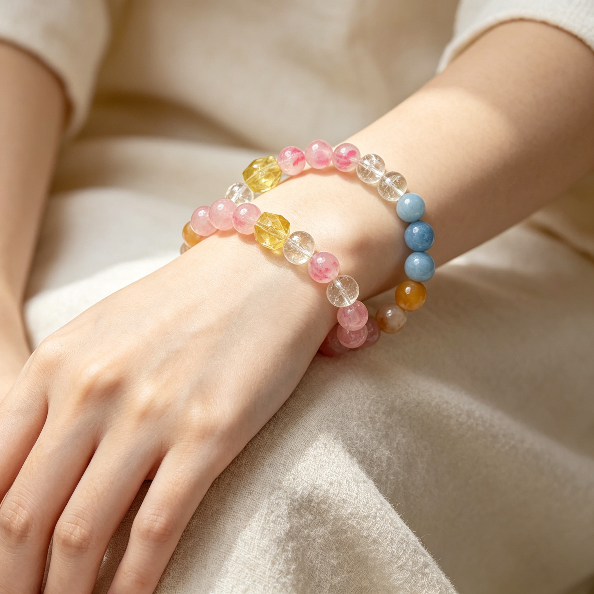 First Blossom Rose Quartz, Blue Opal, Clear Quartz & Citrine Bracelet