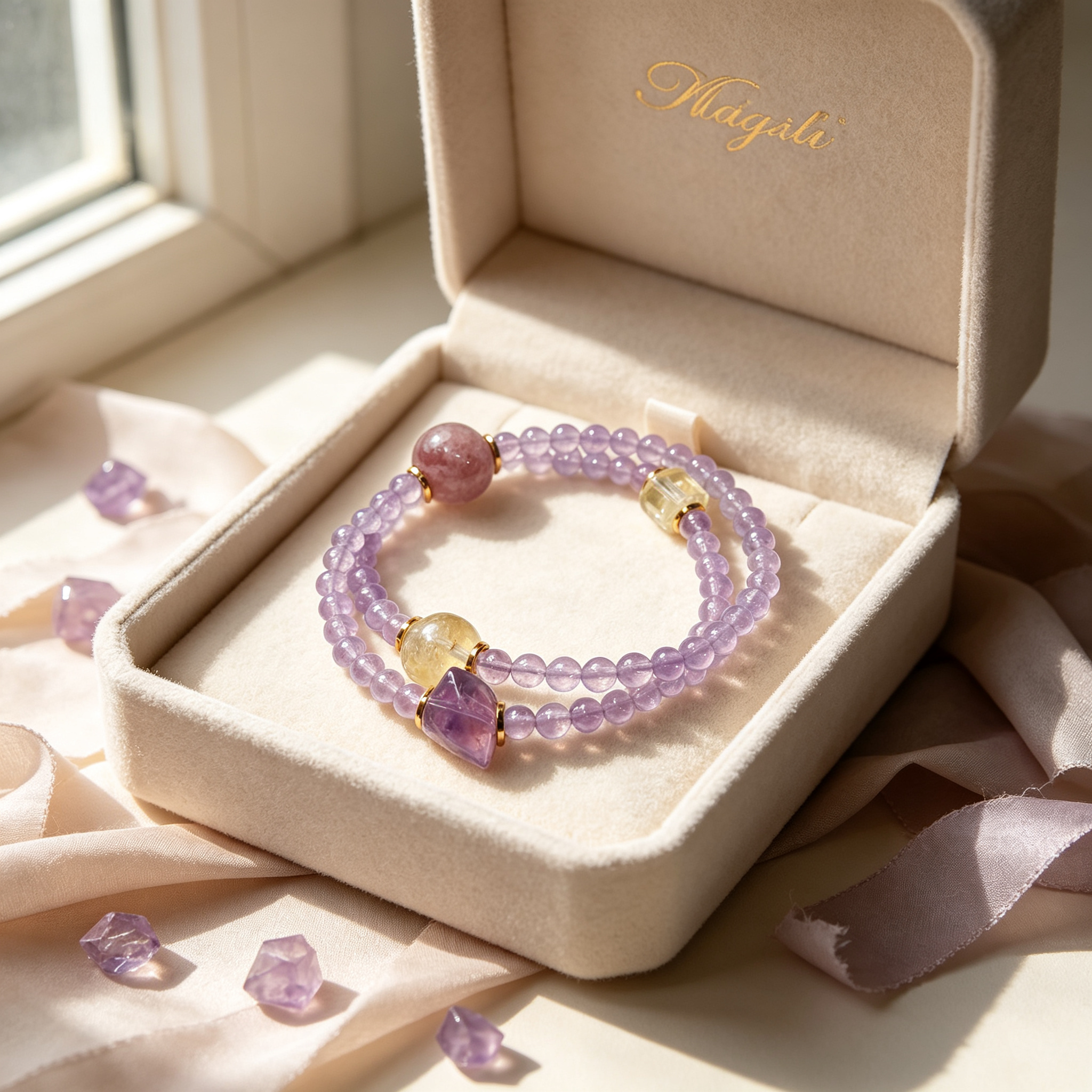 Lavender Orbit Amethyst, Rose Quartz & Citrine Wrap Bracelet