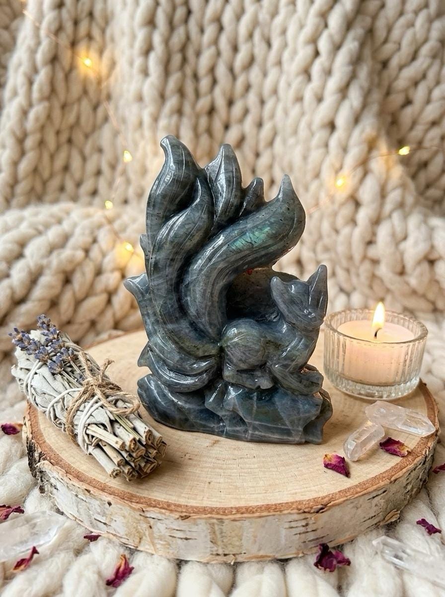 Labradorite Nine Tailed Fox Carving, Natural Stone, Spiritual Home Decor
