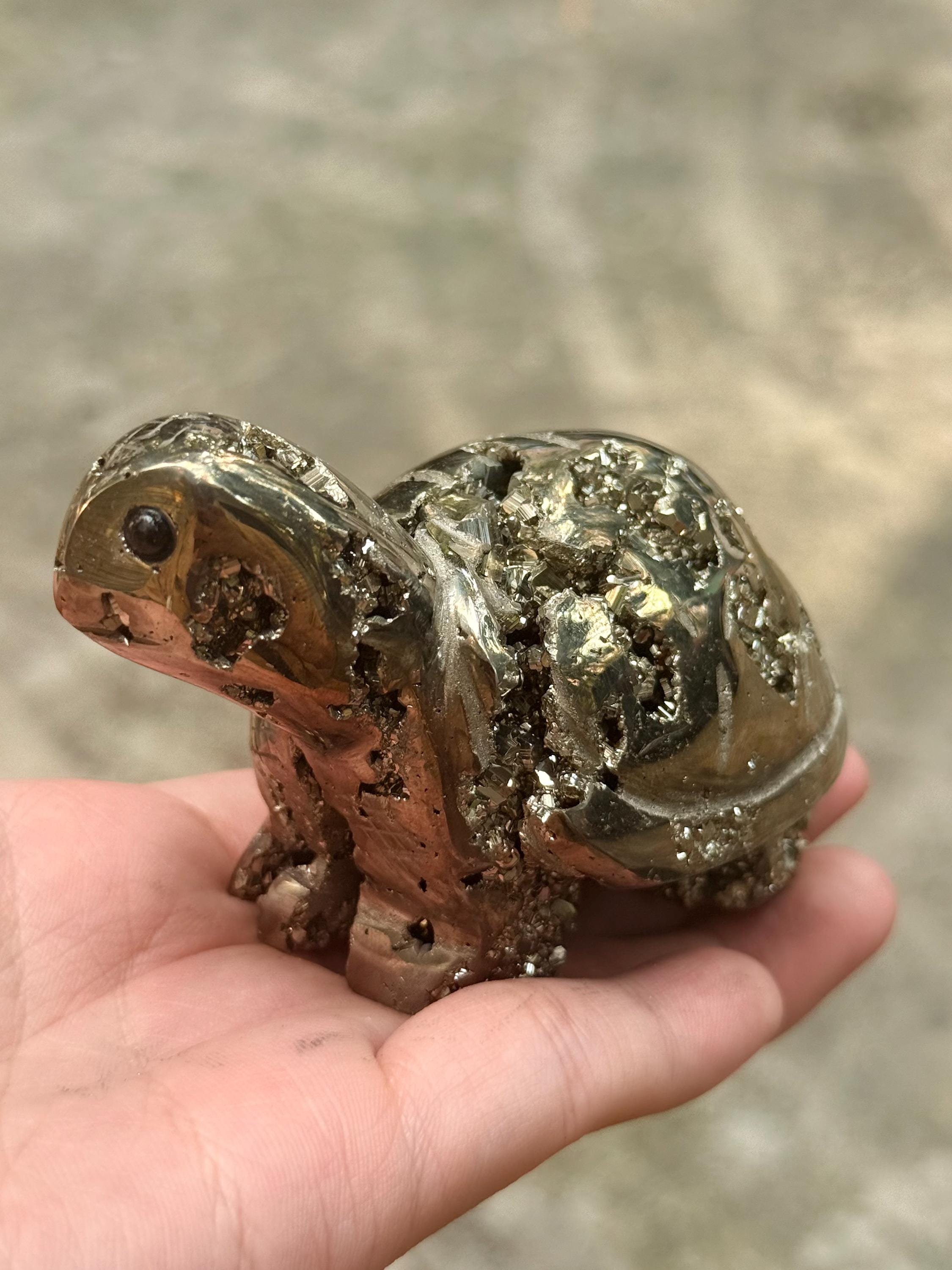 Pyrite Turtle Figurine, Hand Carved Crystal Animal Sculpture, Feng Shui Decor, Good Luck Gift
