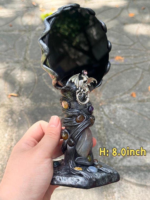 Black Obsidian Scrying Mirror, Gemstone Inlay Ritual Tool, Witchy Altar Decor, Divination Mirror