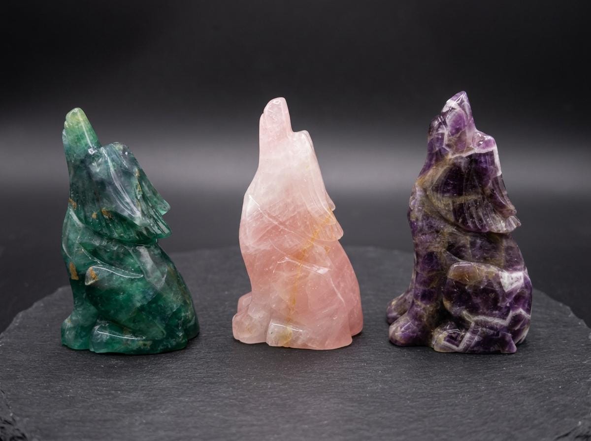 Crystal Wolf Carving, Gemstone Wolf Figurine, Fluorite, Rose Quartz & Amethyst, Spiritual Home Decor