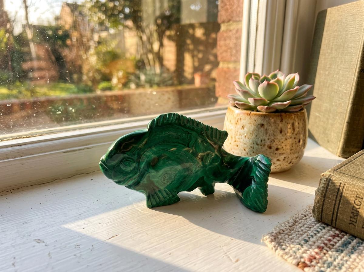 Natural Malachite Fish Carving, Crystal Figurine, desk companion, meaningful gift