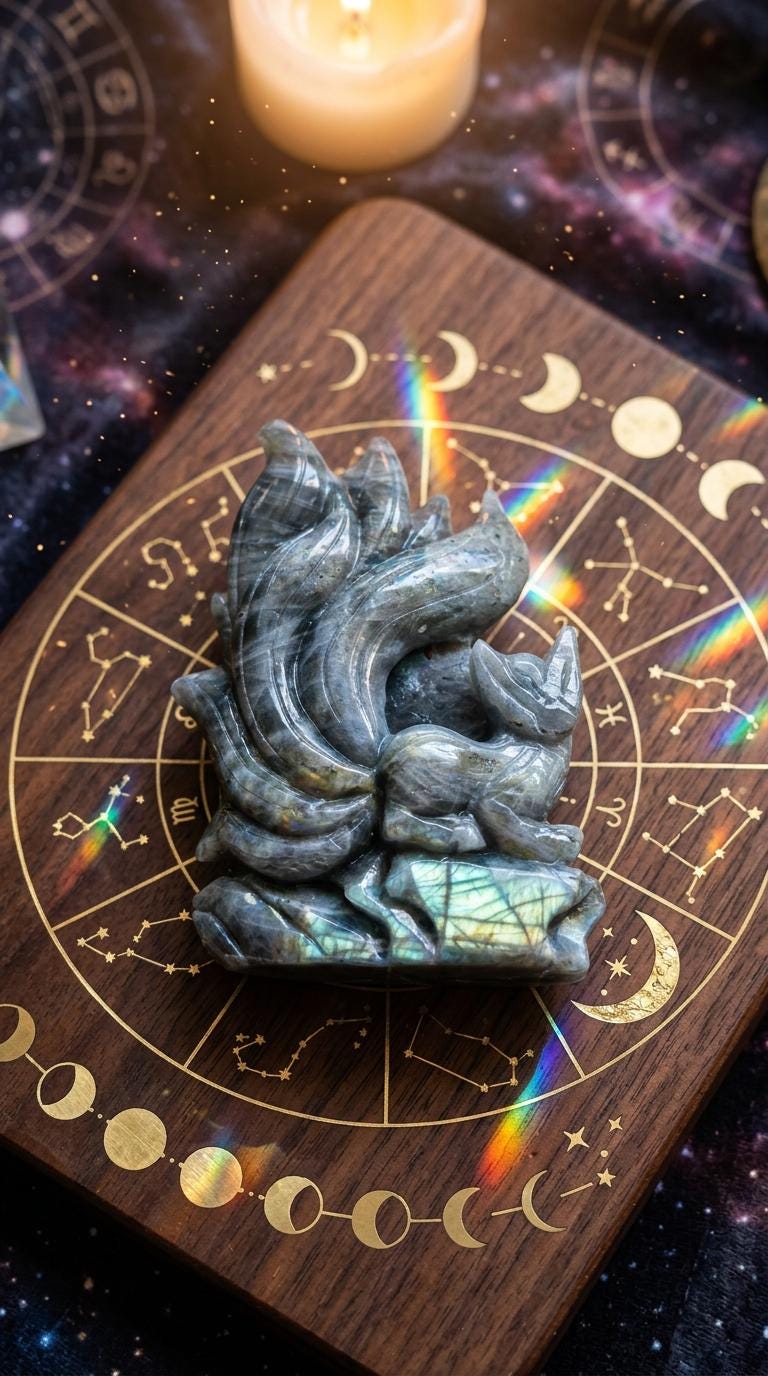 Fox Figurine, Purple Lepidolite Nine Tailed, Kitsune Statue, Witchy Altar Decor, Gifts