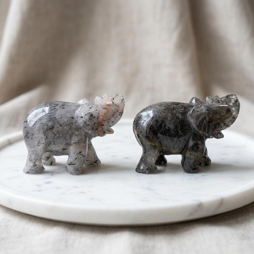 Black Rutilated Quartz Elephant Carving, Elephant Statue for Desk & Bookshelf, Symbol of Strength, Wisdom or Protection, Crystal Home Decor