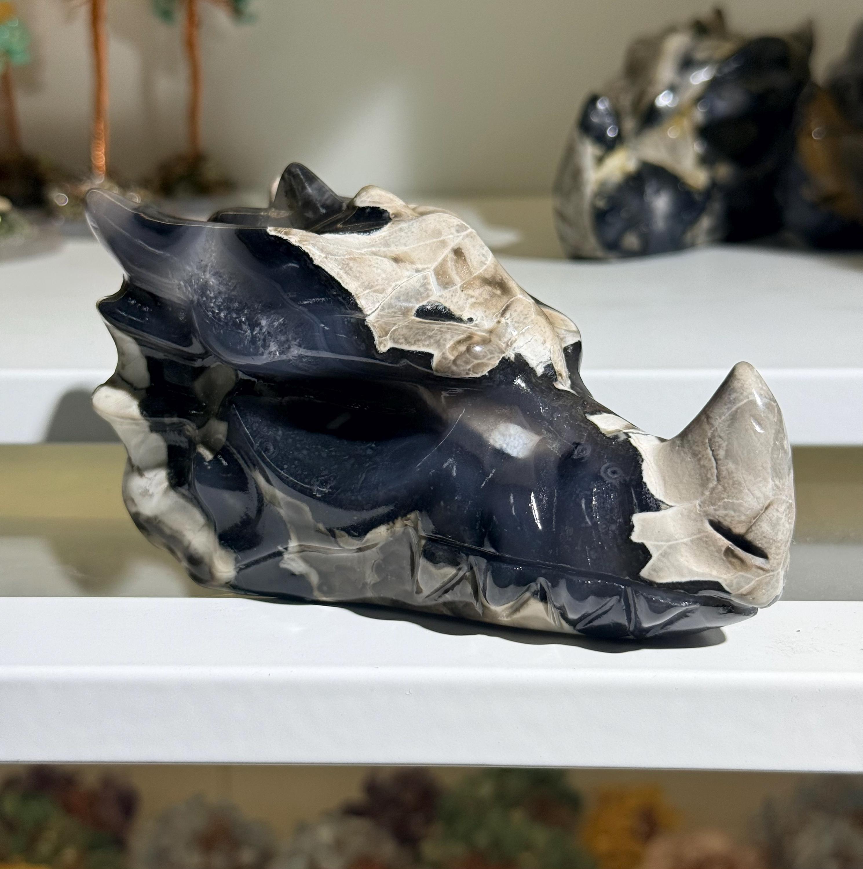 Volcano Agate Dragon Head Carving UV Reactive Crystal Skull Fantasy Decor