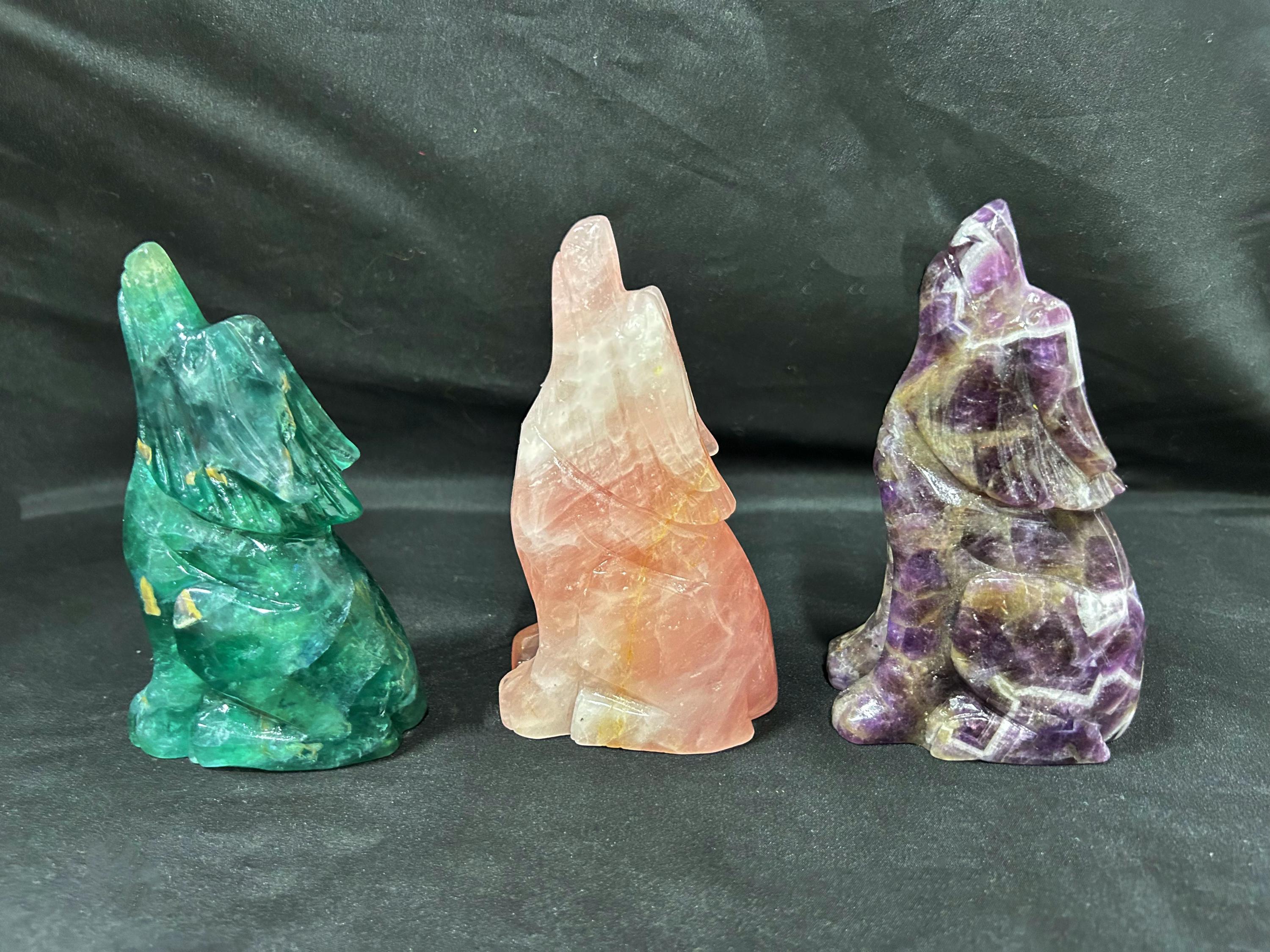 Crystal Wolf Carving, Gemstone Wolf Figurine, Fluorite, Rose Quartz & Amethyst, Spiritual Home Decor