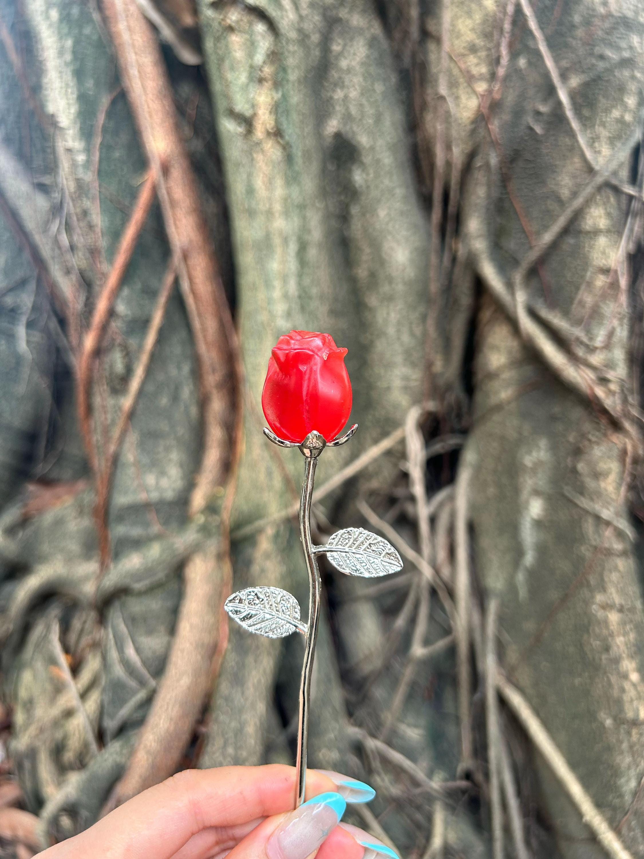 Eternal Crystal Flower, Natural Gemstone Carved Rose with Silver Stem, Everlasting Birthday Gift for Her, Healing Reiki Home Decor