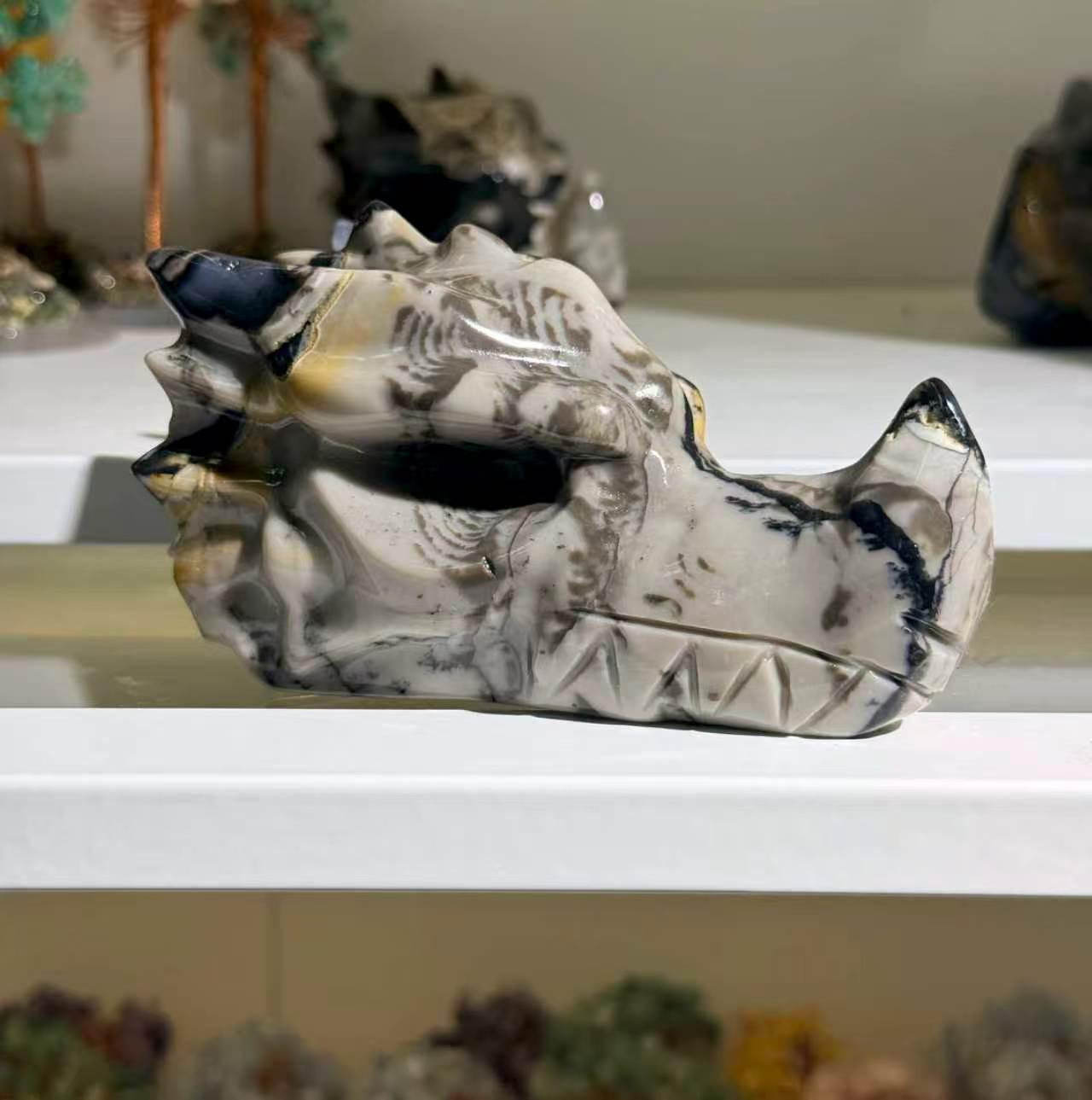 Volcano Agate Dragon Head Carving UV Reactive Crystal Skull Fantasy Decor