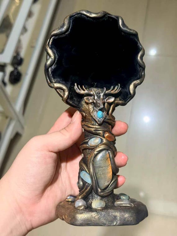 Black Obsidian Scrying Mirror, Gemstone Inlay Ritual Tool, Witchy Altar Decor, Divination Mirror
