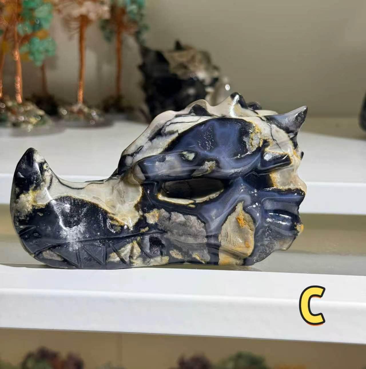 Volcano Agate Dragon Head Carving UV Reactive Crystal Skull Fantasy Decor