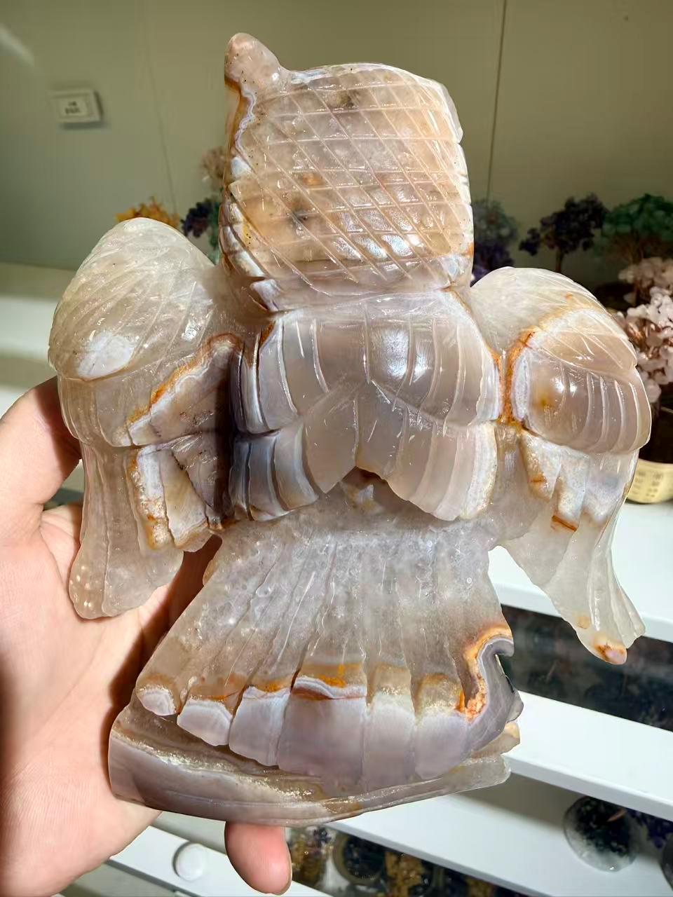 Hand Carved Geode Agate Owl Druzy Crystal Sculpture Bird Lover Gift