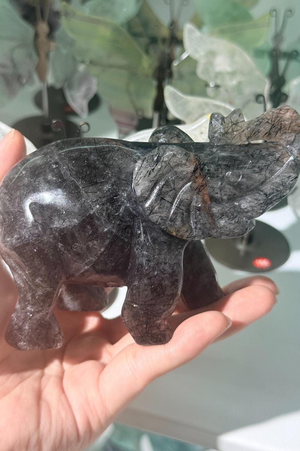 Black Tourmaline Elephant Figurine, Hand Carved Crystal Animal, Feng Shui Decor