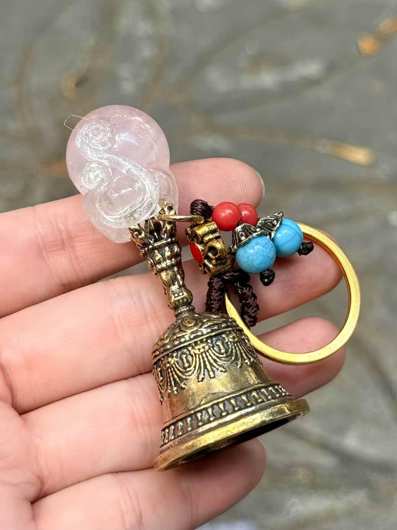 Natural Gemstone Bell Keychain, Antique Gold-Tone Charm, Good Luck Ornament