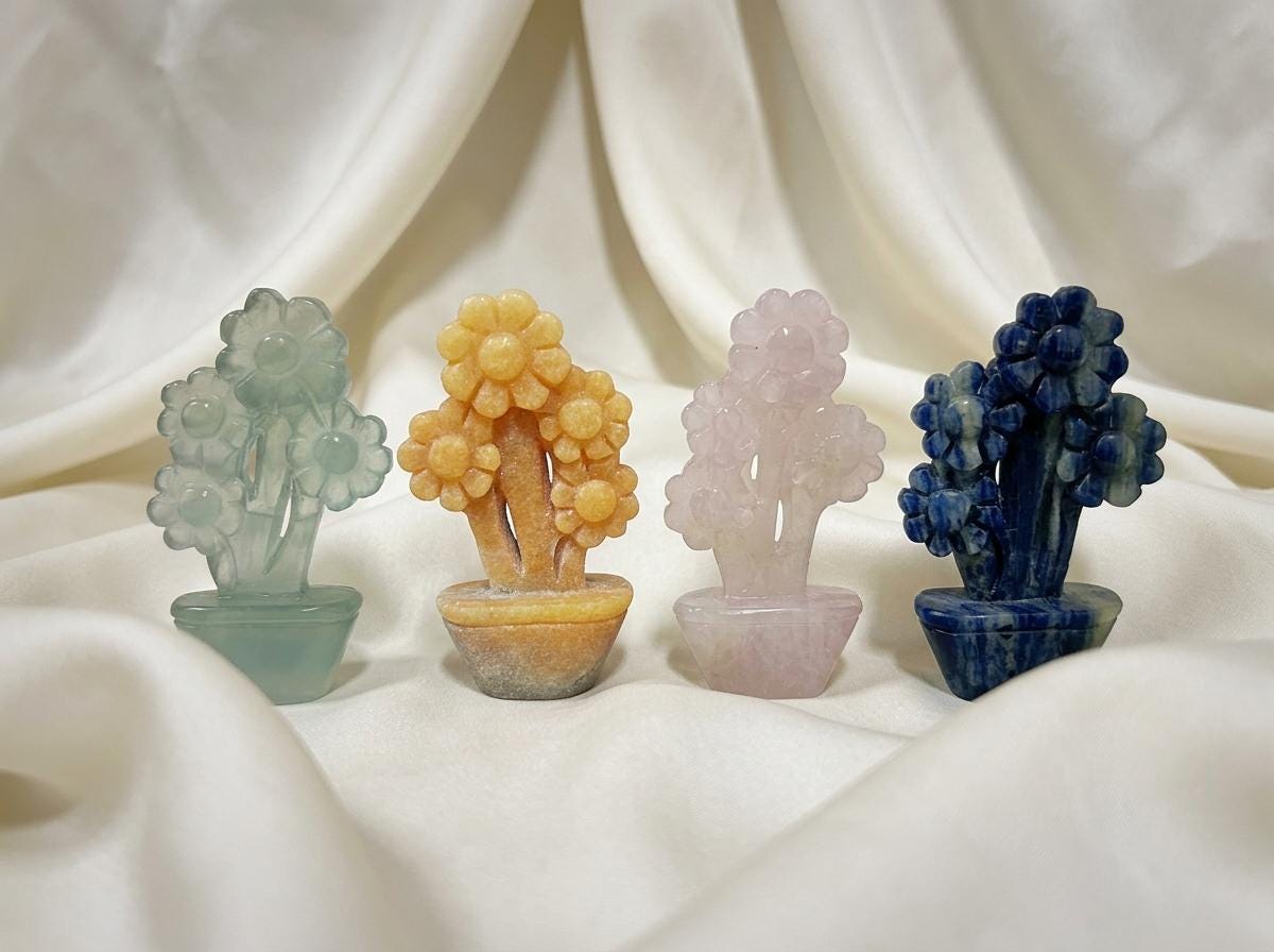 Hand Carved Gemstone Flower Tree, Mini Crystal Bonsai, Feng Shui Decor