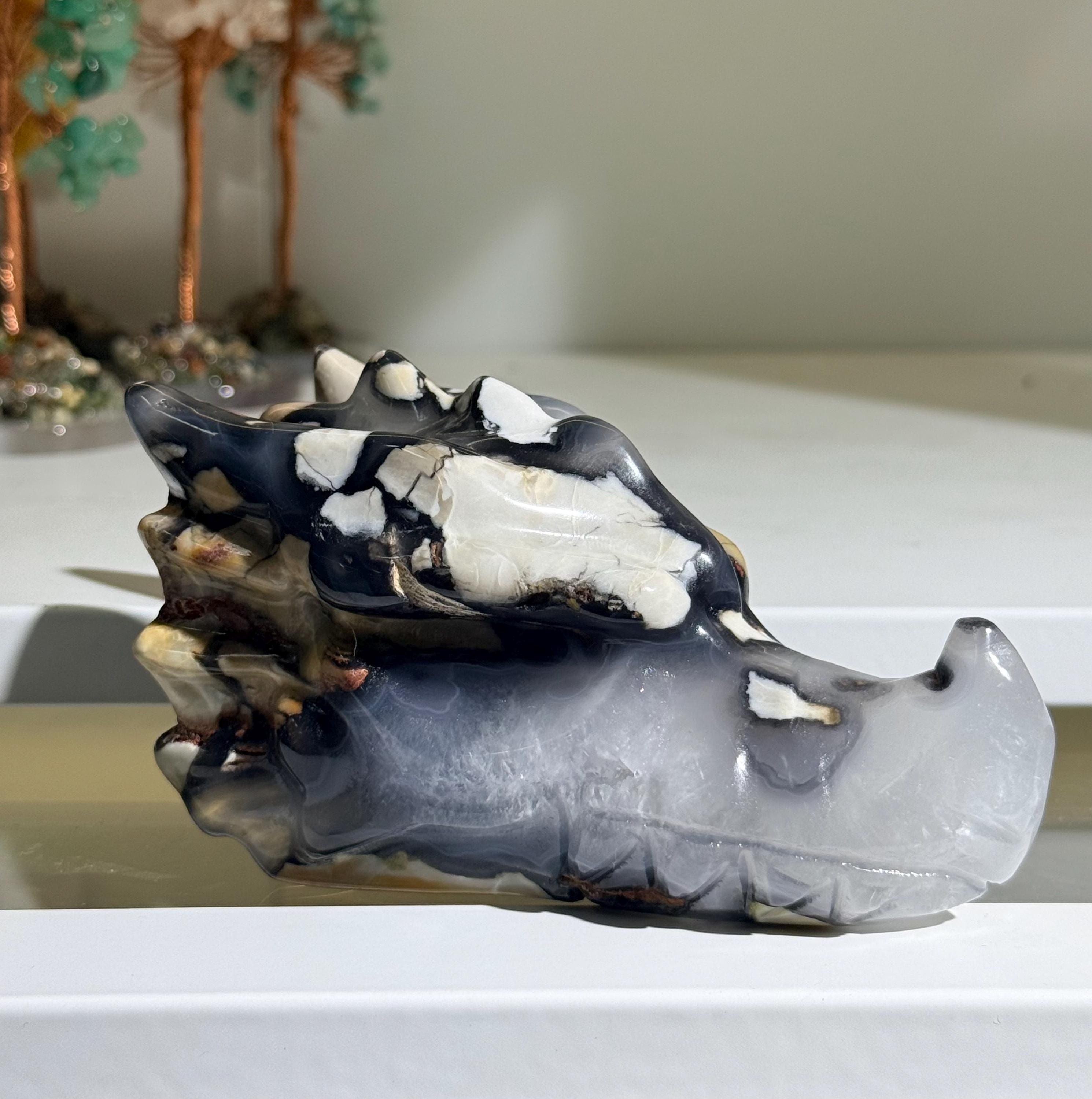 Volcano Agate Dragon Head Carving UV Reactive Crystal Skull Fantasy Decor