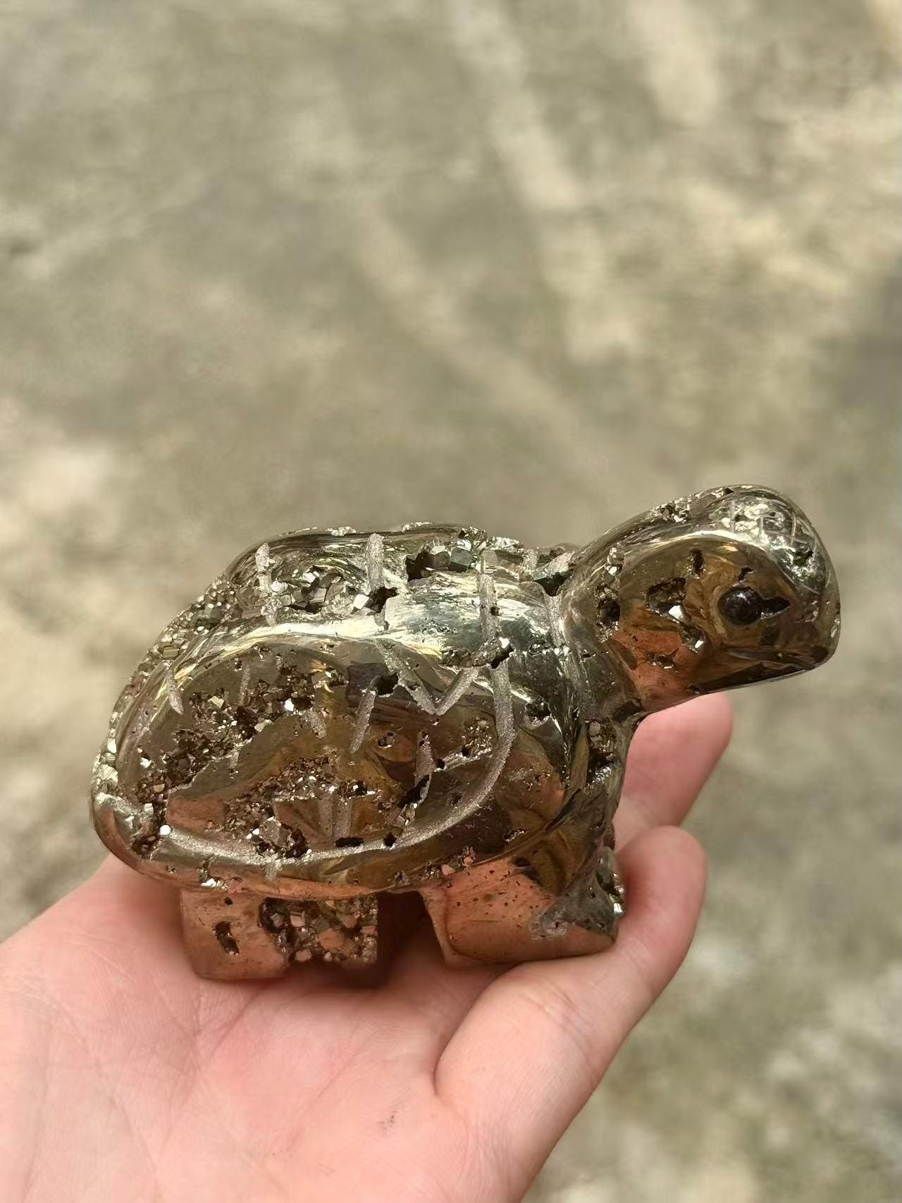 Pyrite Turtle Figurine, Hand Carved Crystal Animal Sculpture, Feng Shui Decor, Good Luck Gift