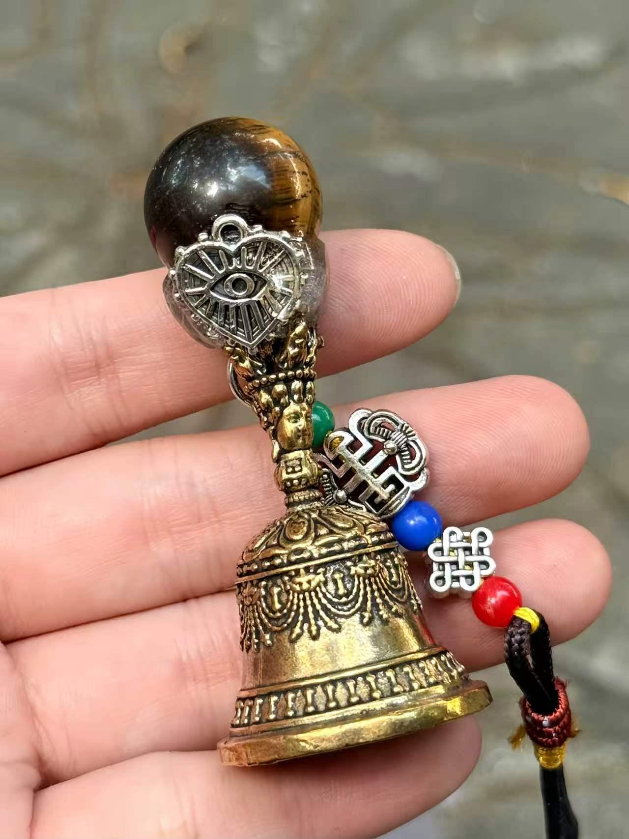 Natural Gemstone Bell Keychain, Antique Gold-Tone Charm, Good Luck Ornament