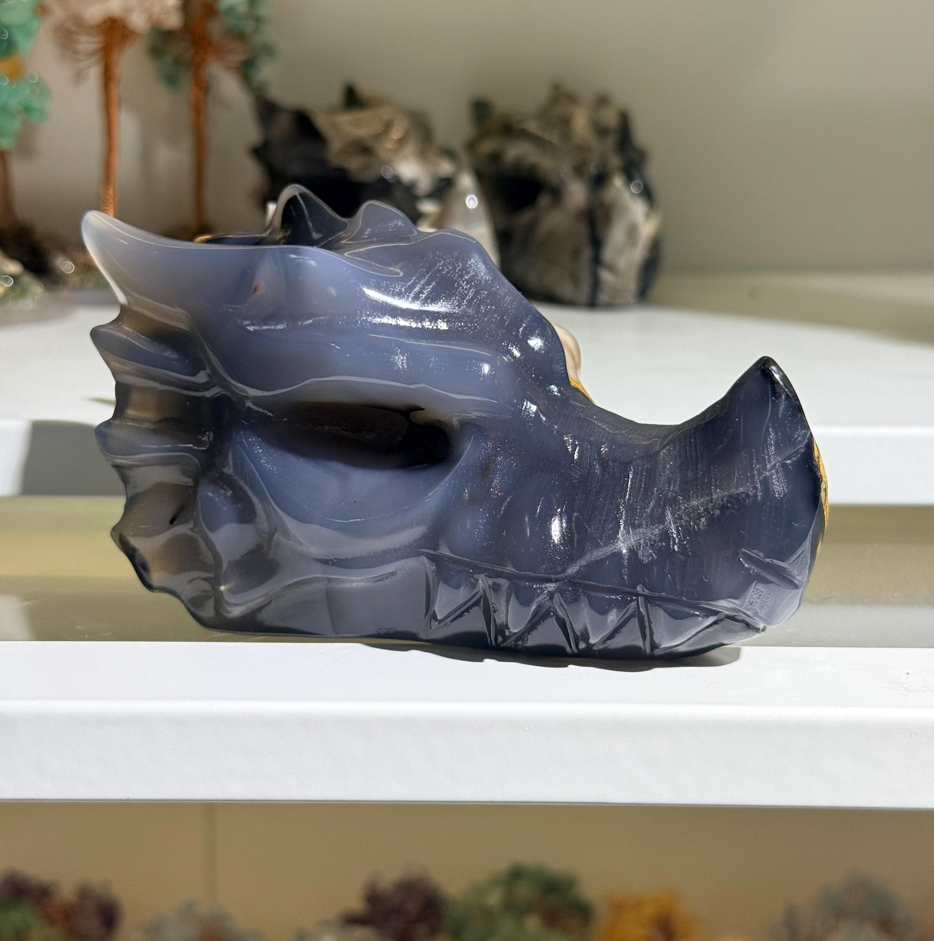Volcano Agate Dragon Head Carving UV Reactive Crystal Skull Fantasy Decor